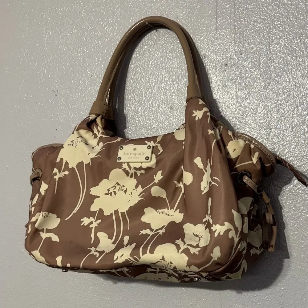Chic Kate Spade Neutral Floral Nylon Leather Hobo Bag Shoulder Purse Trendy